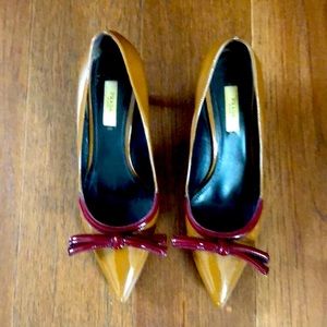 Prada Bow Kitten Heels Caramel/Bordeaux Patent Leather